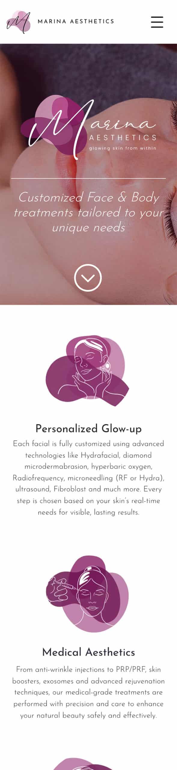 Marina Aesthetics website on mobile