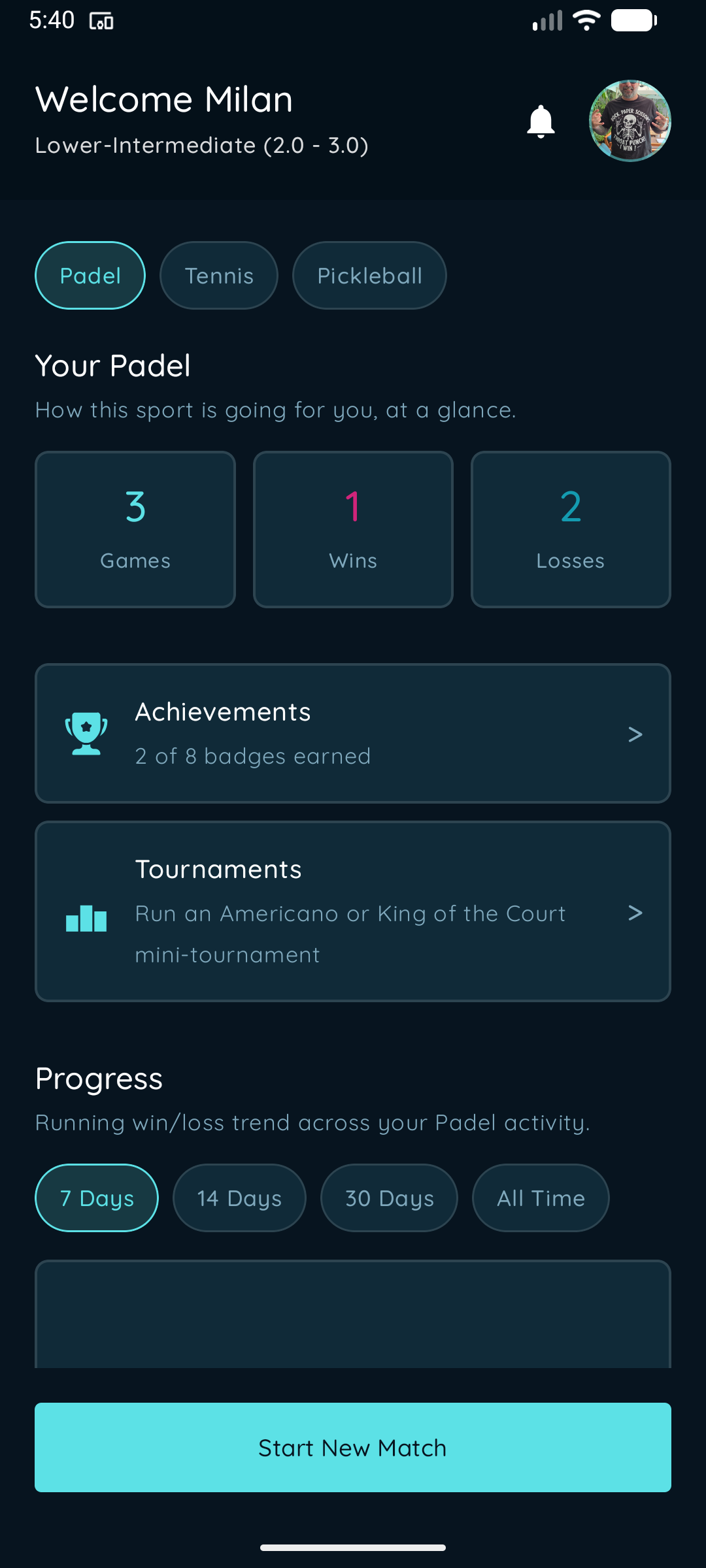 PointSyn dashboard, showing recent matches and stats