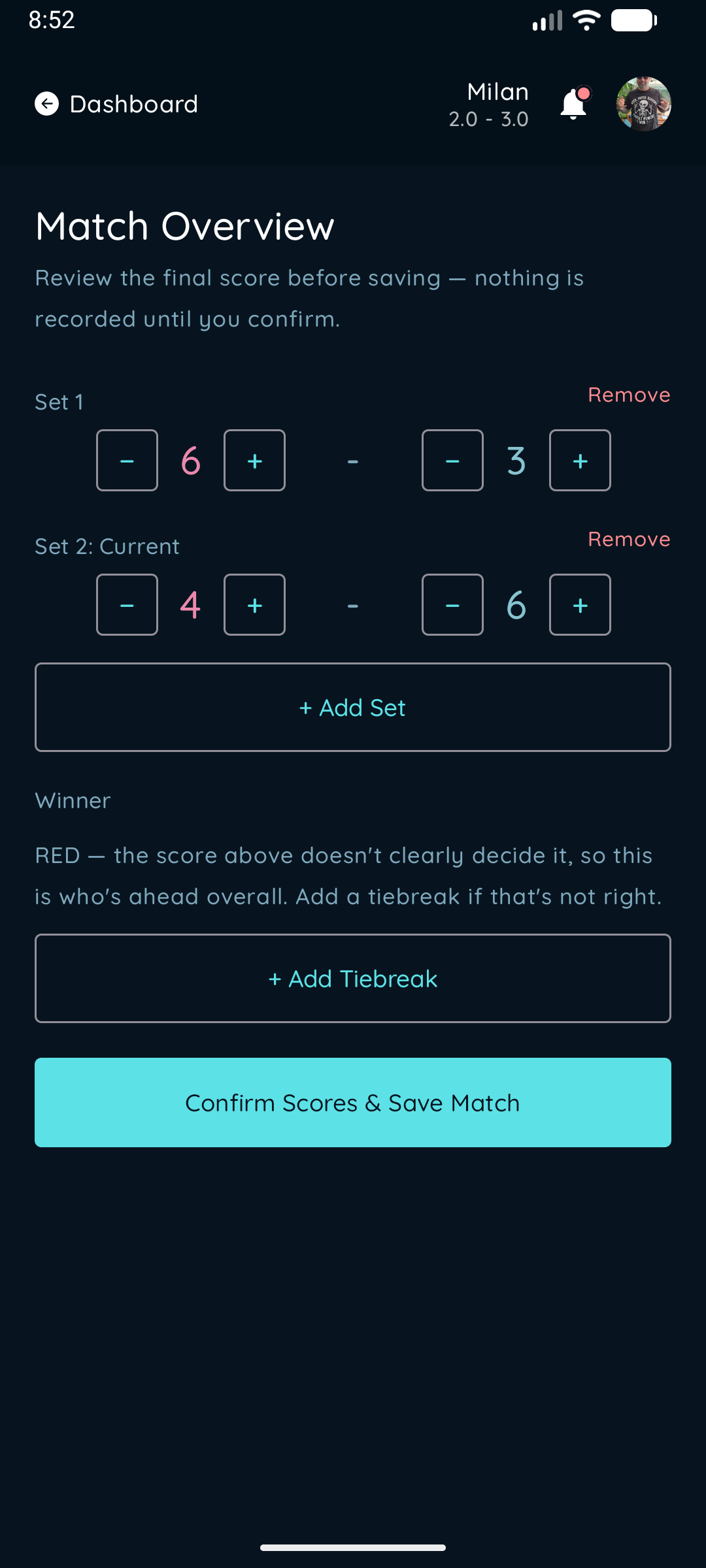 PointSyn end of match results screen