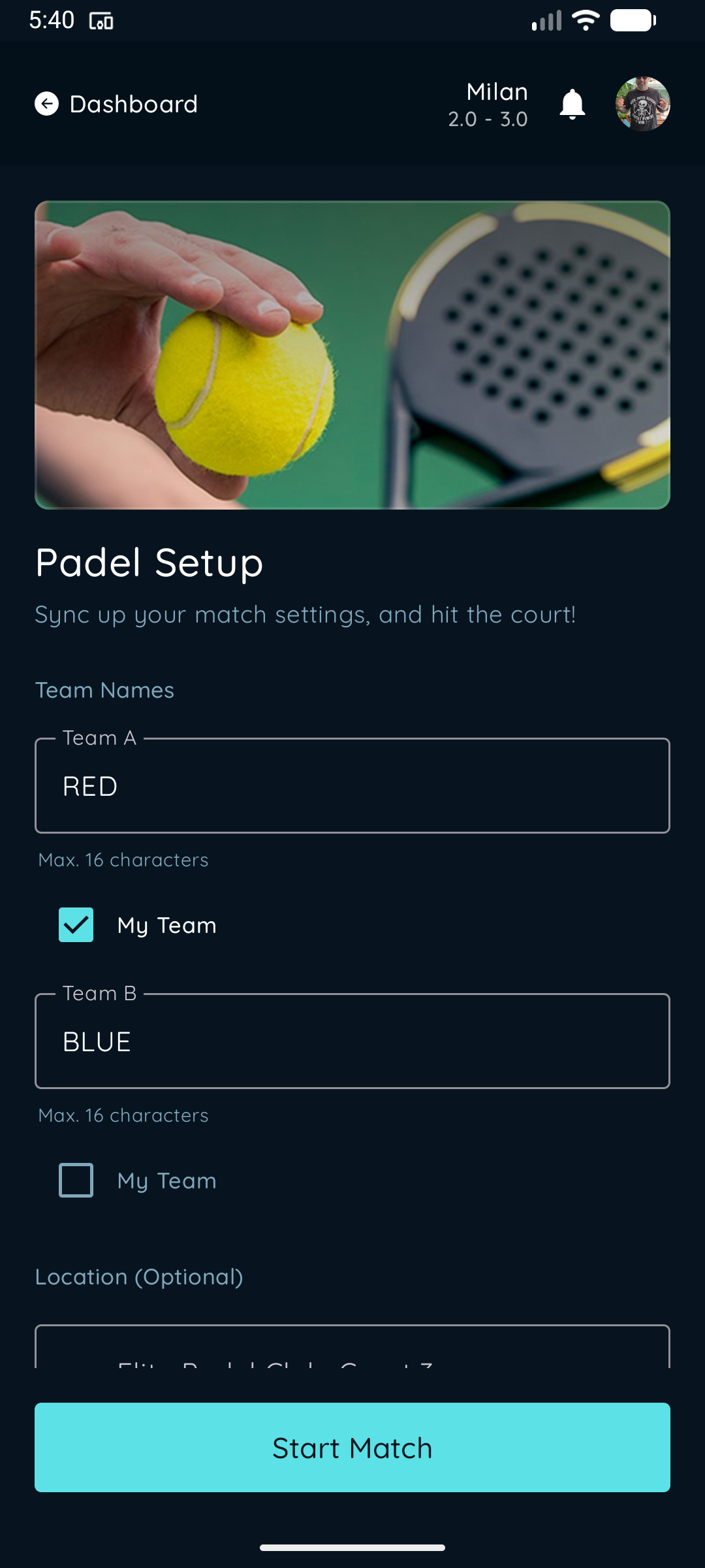 PointSyn match setup screen